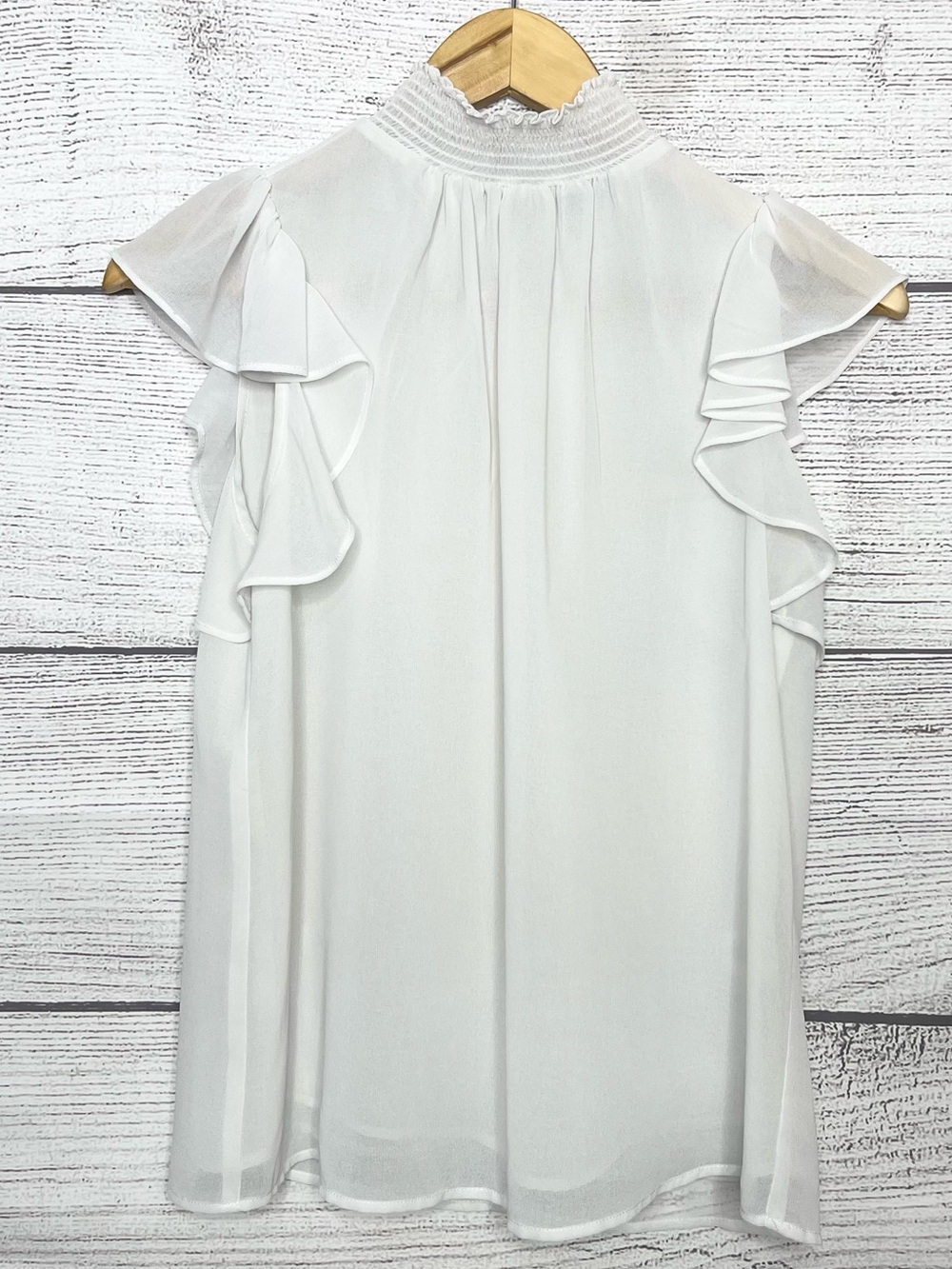 1. STATE White Chiffon Smocked Mock Neck Ruffle Sleeve Blouse Top Size XS